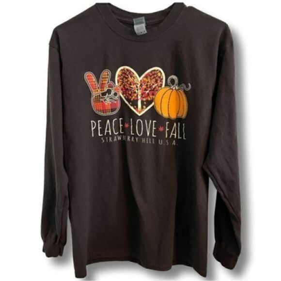 Gildan Peace, Love, and Fall Brown and Orange Long Sleeve t-shirt. Size M - Picture 1 of 3